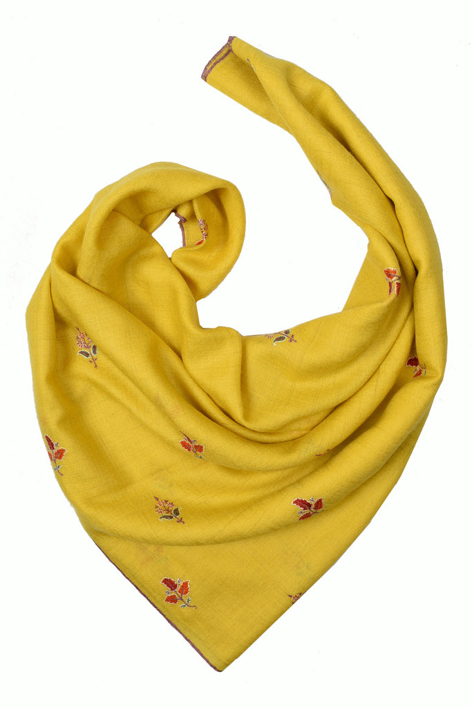 Yellow pure pashmina stole with floral hand embroidery