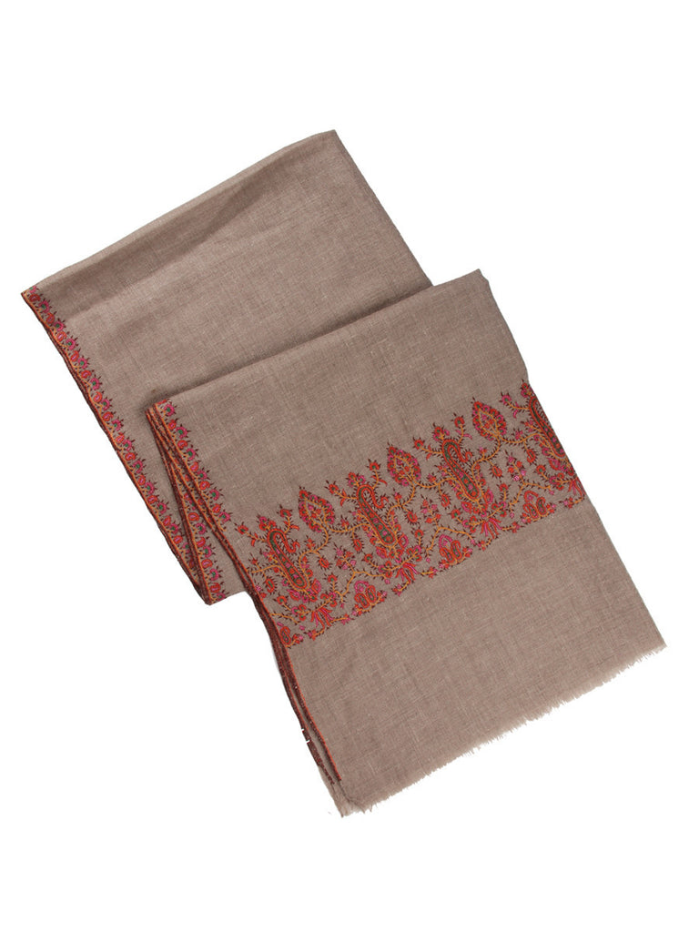 Natural color pure pashmina stole with intricate orange embroidery