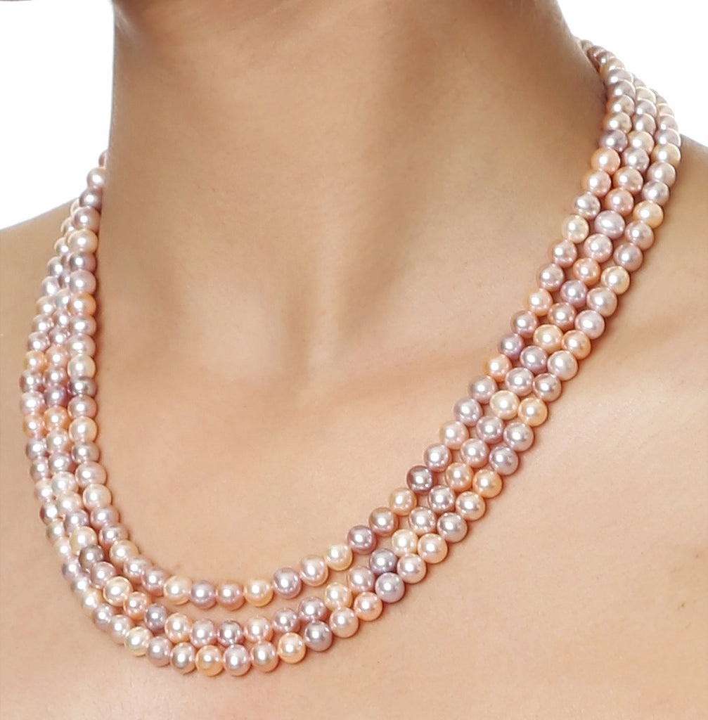 Triple Strand Multi Color Fresh Water Pearls Necklace
