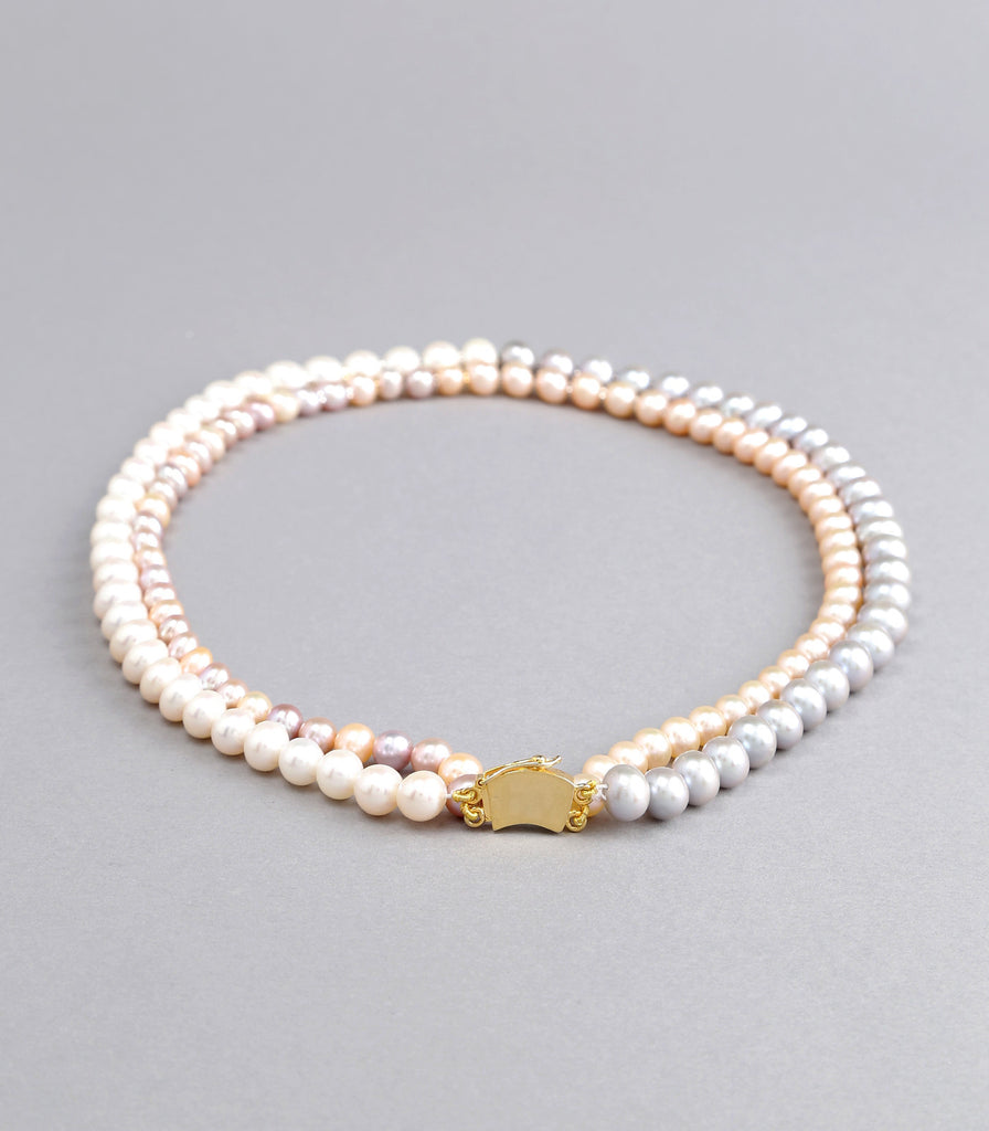 Double Strand Multi Color Fresh Water Pearls Necklace with Gold Rings