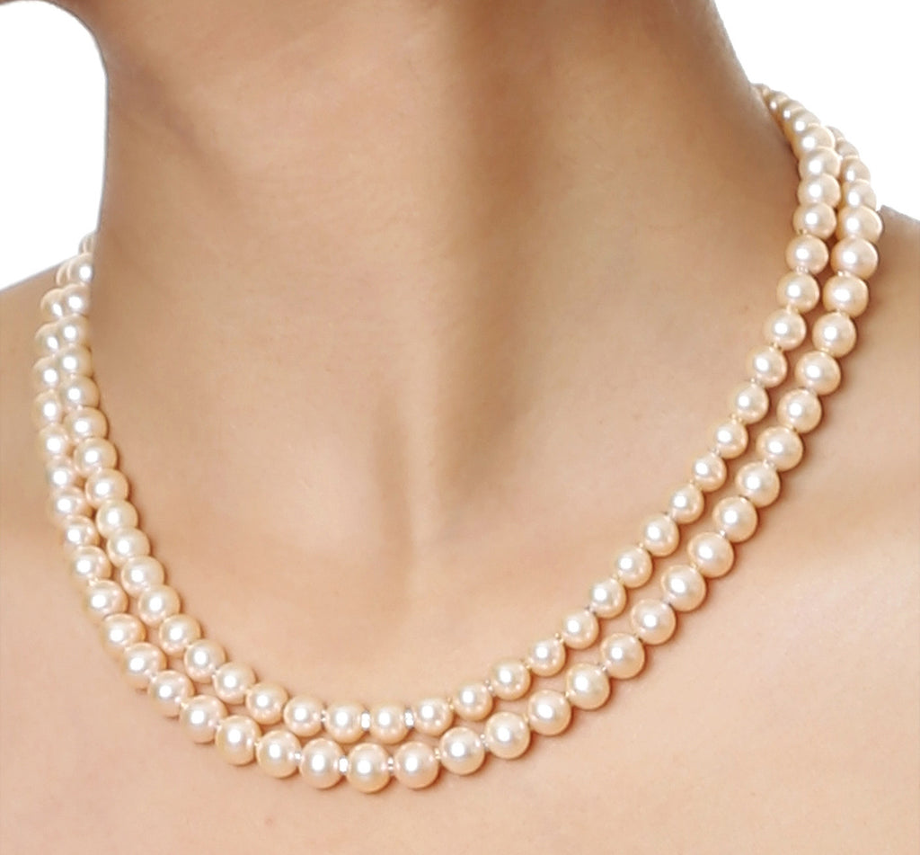 Double Strand Pink Fresh Water Pearls Necklace with Gold Rings