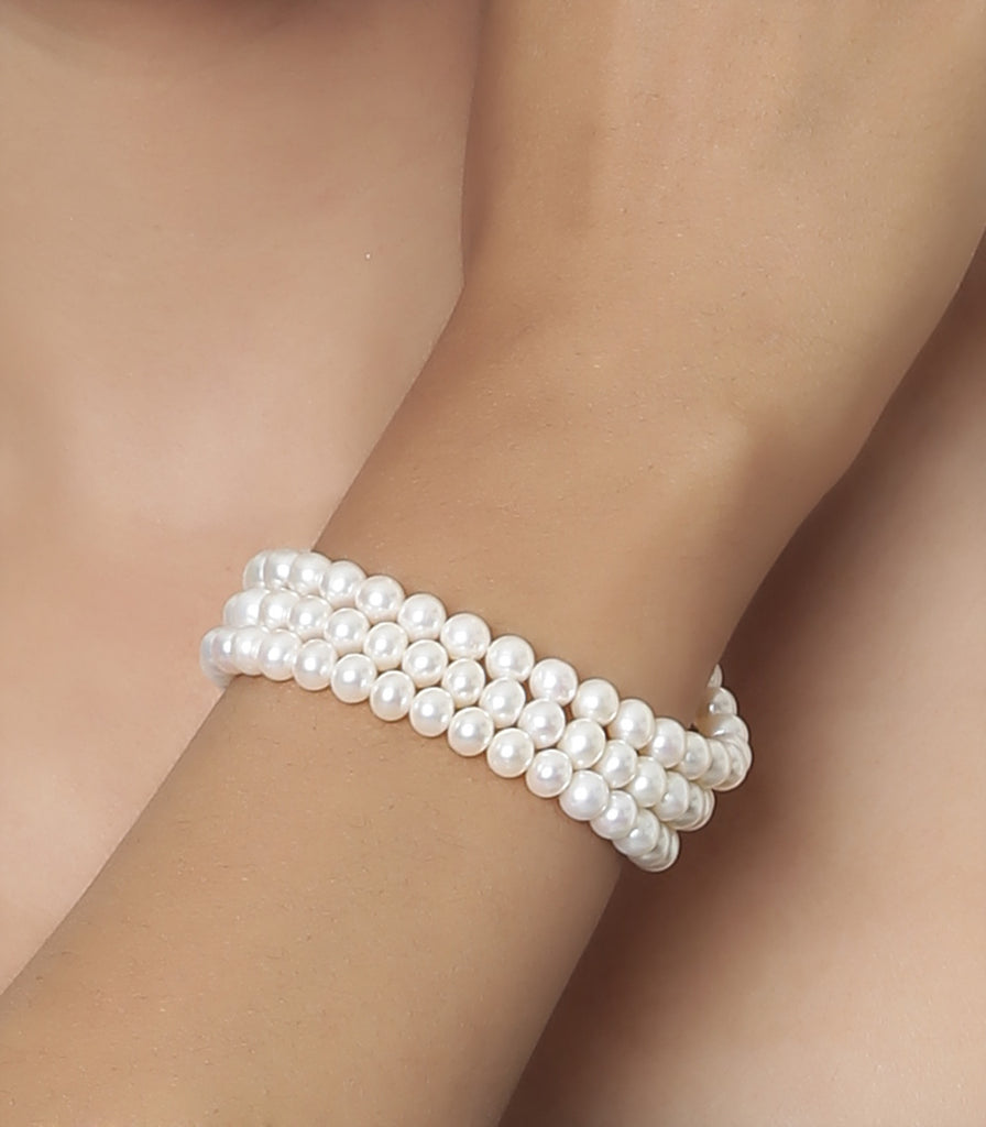 Triple Strand White Fresh Water Pearls Bracelet with Golden Clasp