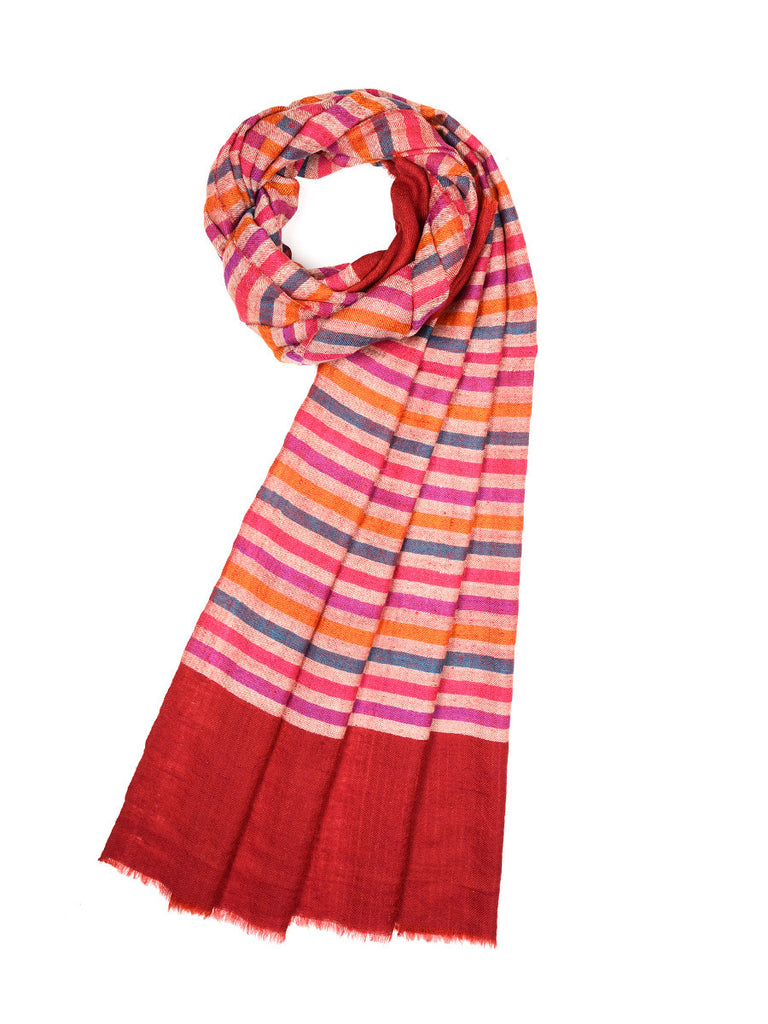 Multicolor narrow stripes pure pashmina stole with Red palla