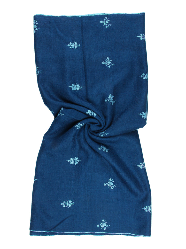 Peacock blue pashmina stole with floral hand embroidery