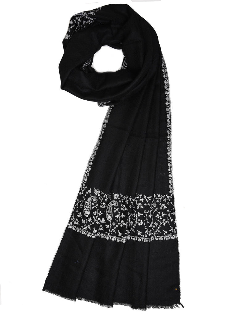 Black pure pashmina stole with white hand embroidery