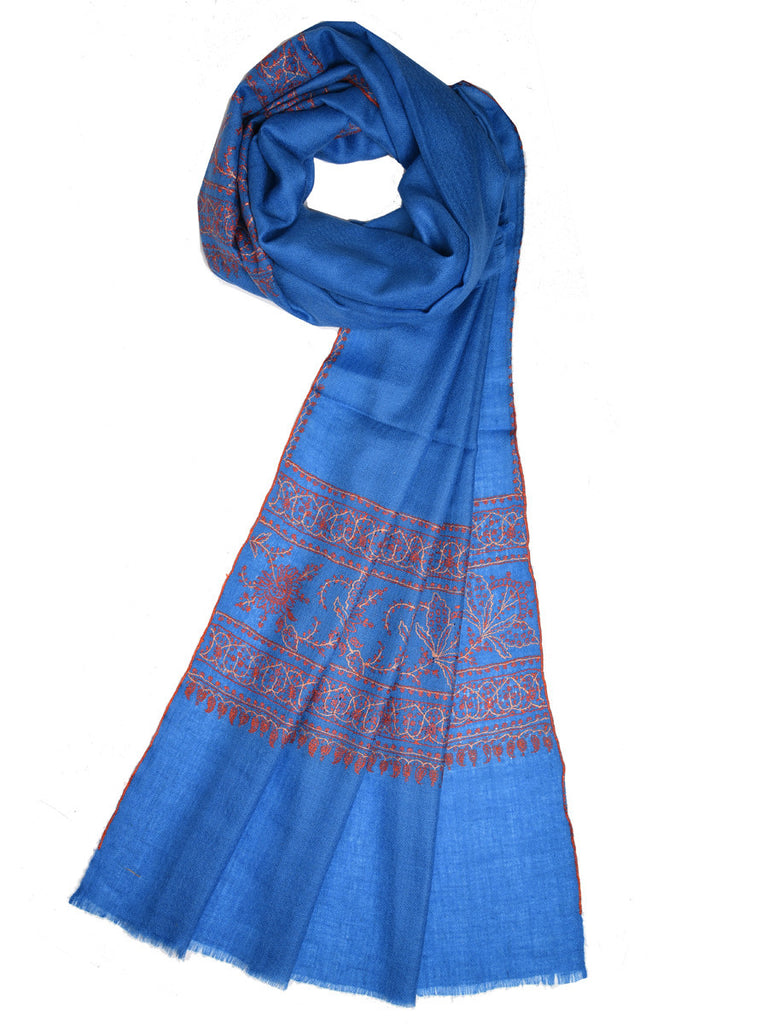 Blue-Grey pure pashmina stole with orange hand embroidery