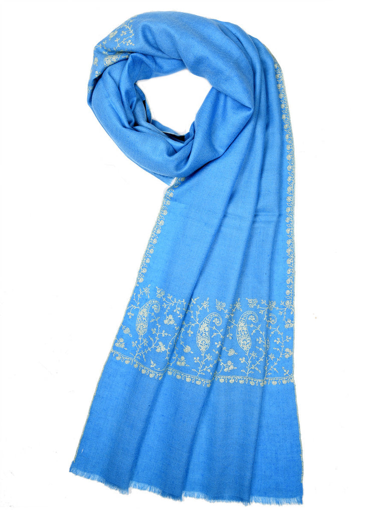 Blue-Grey pure pashmina stole with white hand embroidery