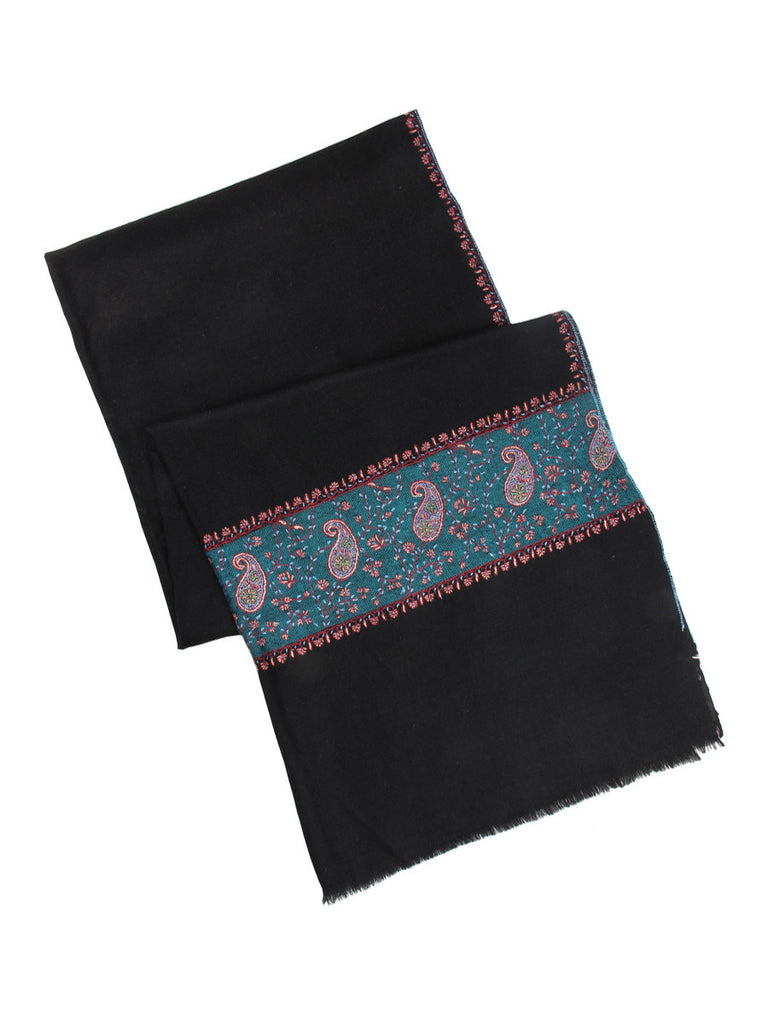 Black Pure Pashmina Stole with Paisley Embroidery on Palla