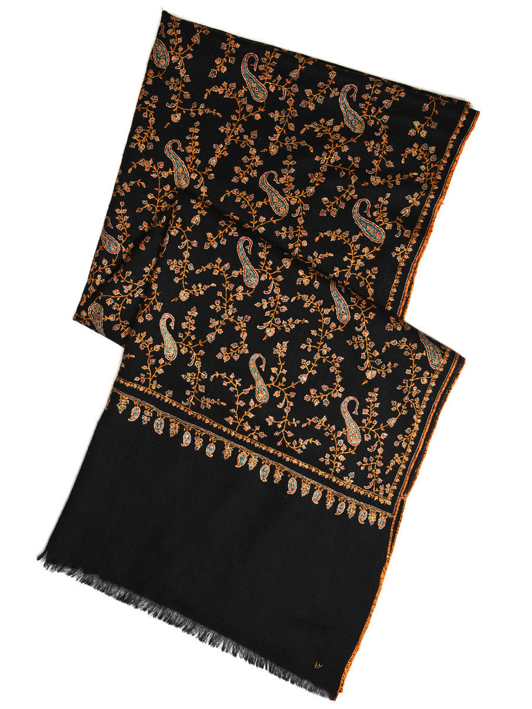 Black pure pashmina stole with orange hand embroidery jal
