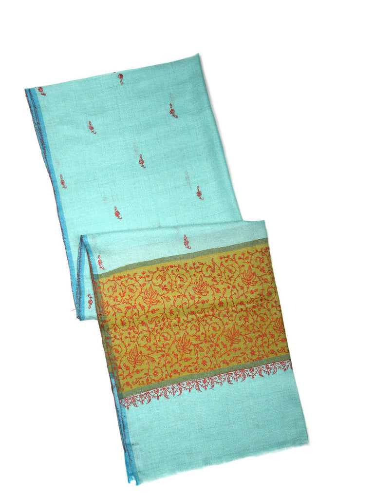 Tiffany Blue pashmina stole with hand embroidery on palla and all over booti