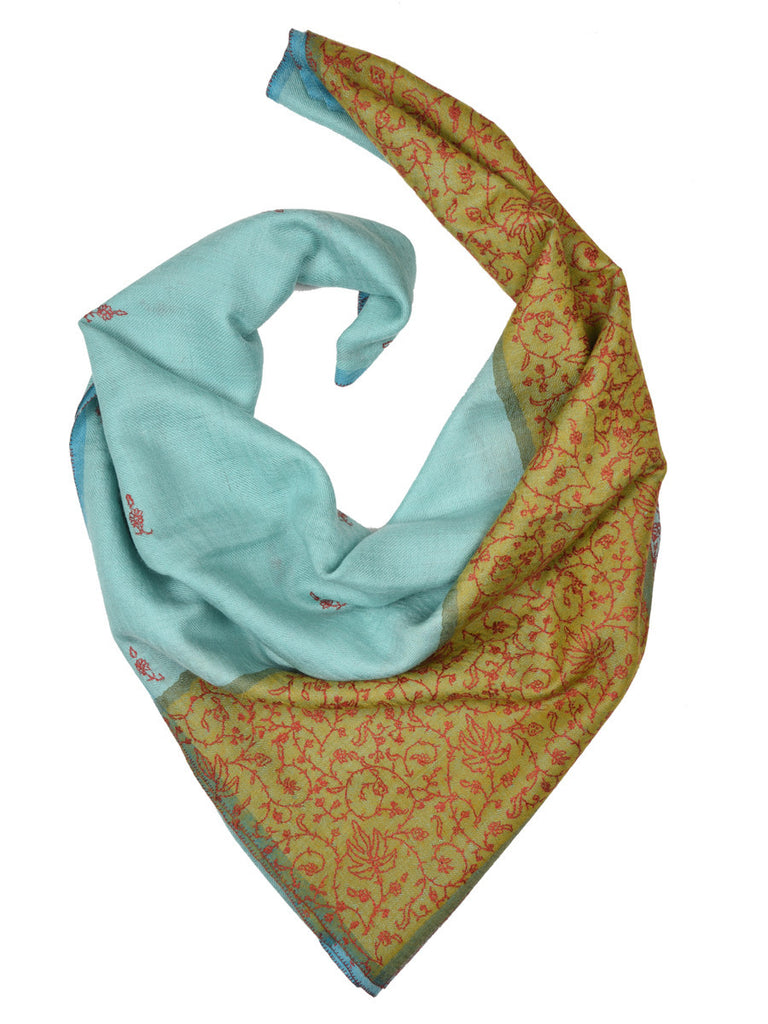 Tiffany Blue pashmina stole with hand embroidery on palla and all over booti