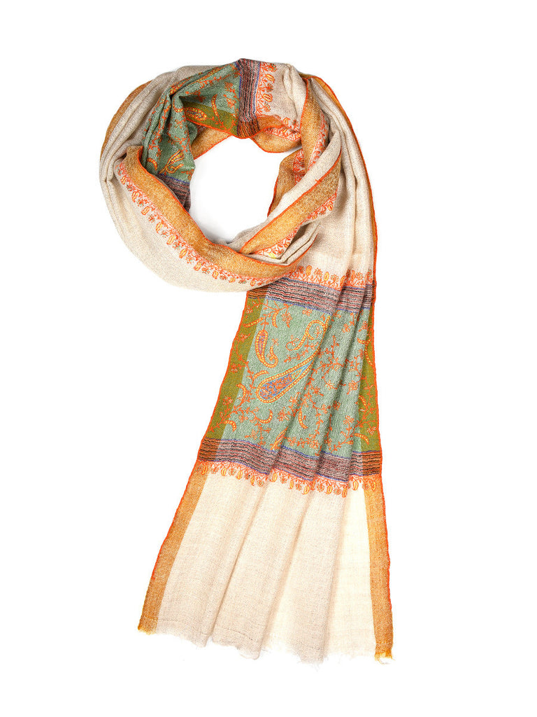 Beige pashmina stole with hand embroidered palla