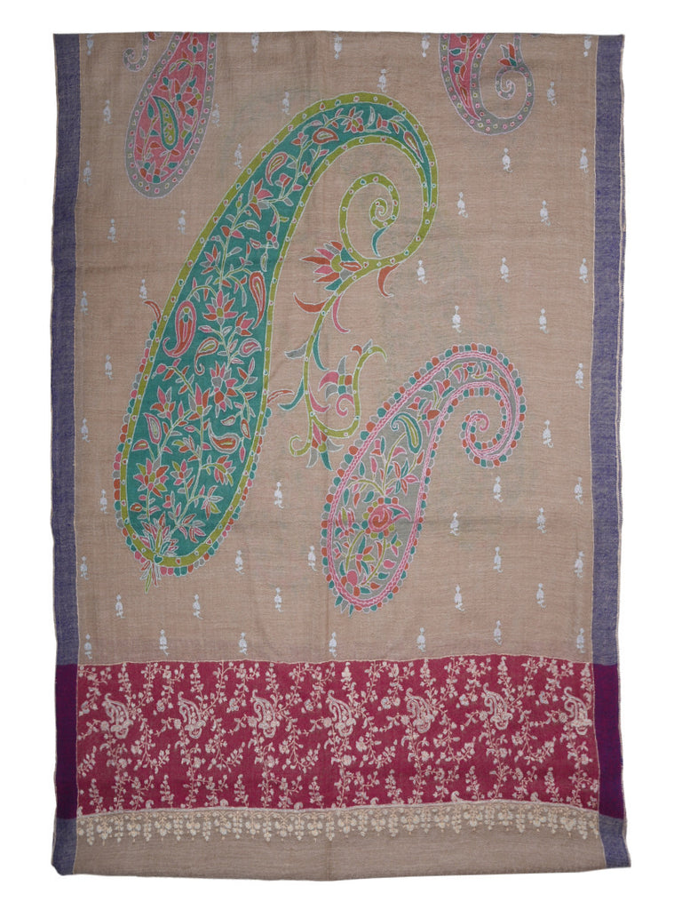 Natural Color Kalamkari Pashmina Stole with Paisleys, Booti & Maroon Embroidered Palla