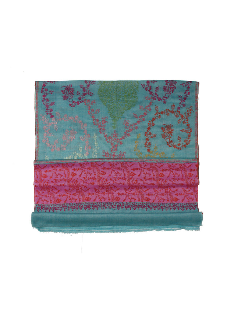 Turk Blue Pashmina Stole with Jal Hand Embroidery & Pink Palla