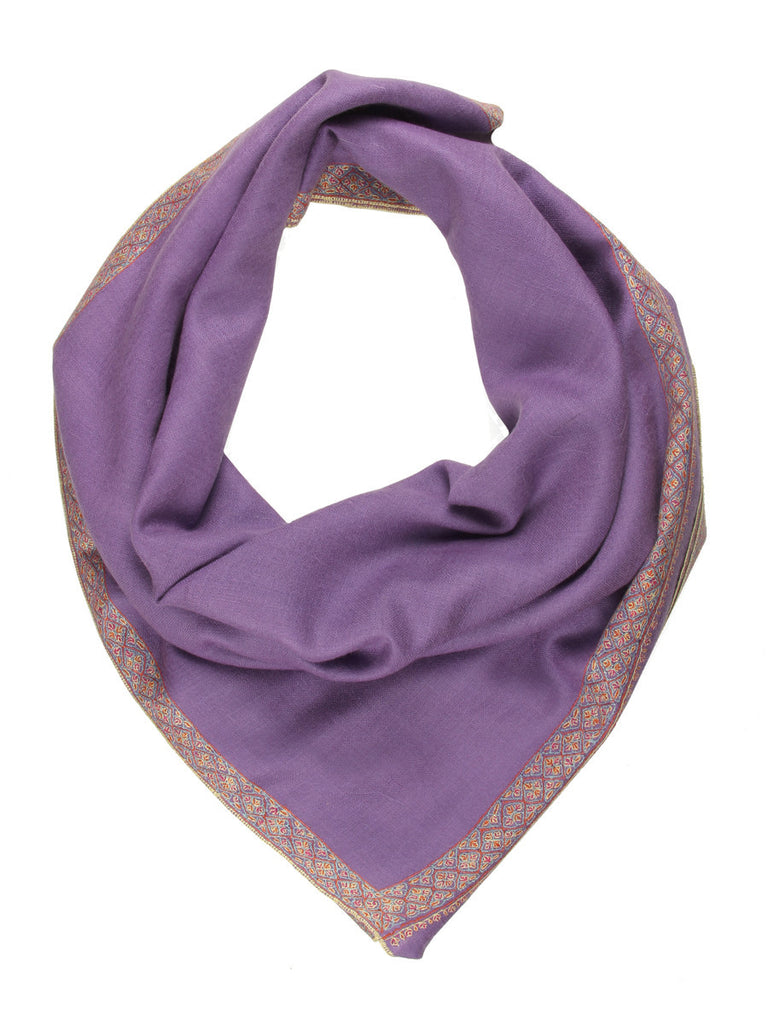 Mauve Pure Pashmina Stole with Blue & Pink Hand Embroidery Border