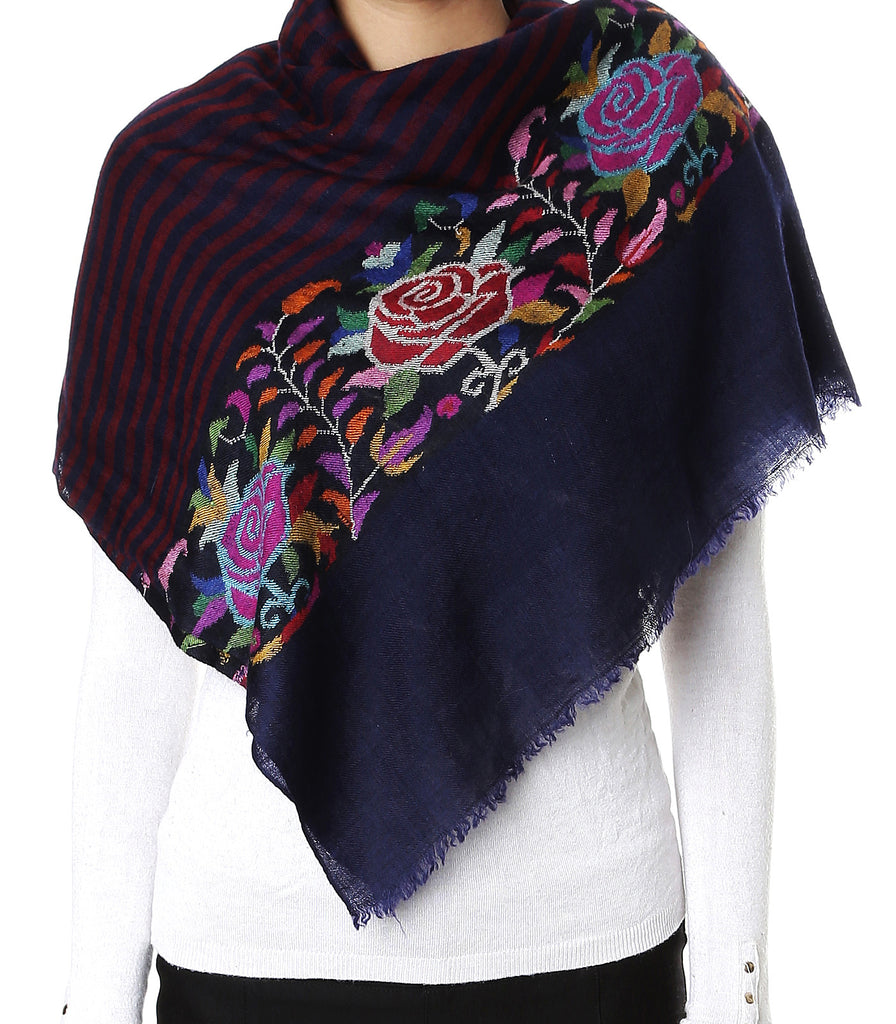 Deep blue pashmina stole with all over maroon stripes and Kani print on palla