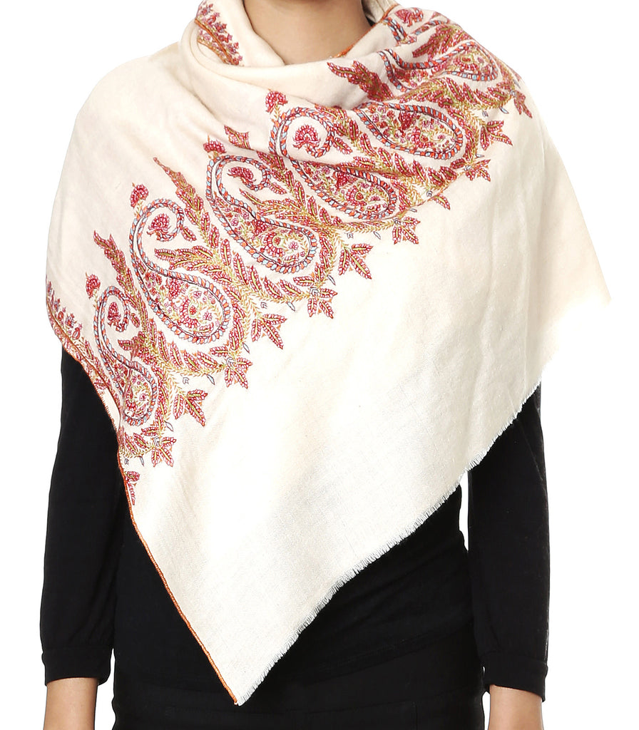 Off-White Pashmina Stole with Paisley Embroidered Motifs on palla