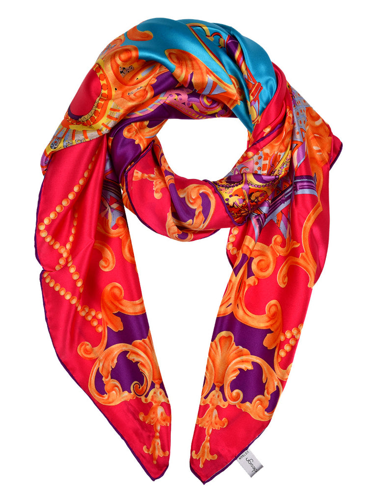 Pink silk scarf with multicolour pattern