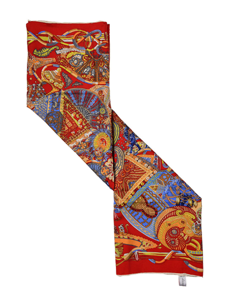 Red silk scarf with multicolor pattern