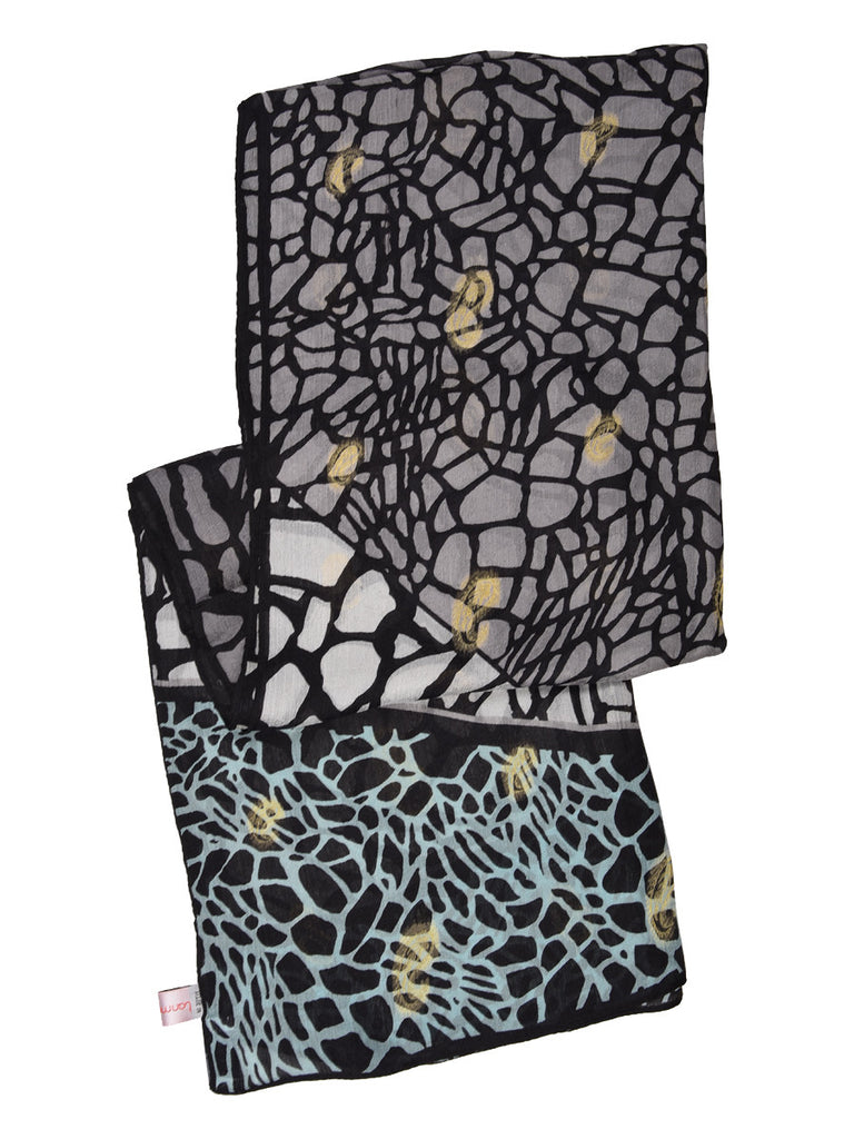 Black, grey and blue chiffon silk scarf with webbed print