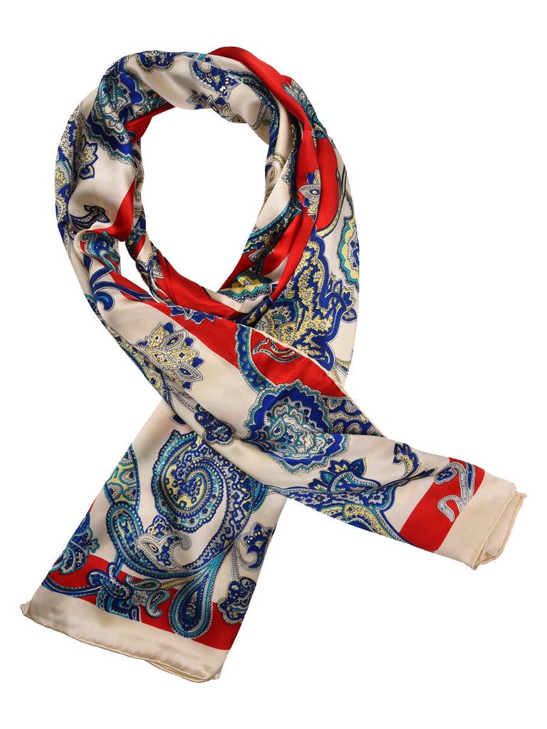 Red, blue & golden silk scarf with nature inspired print