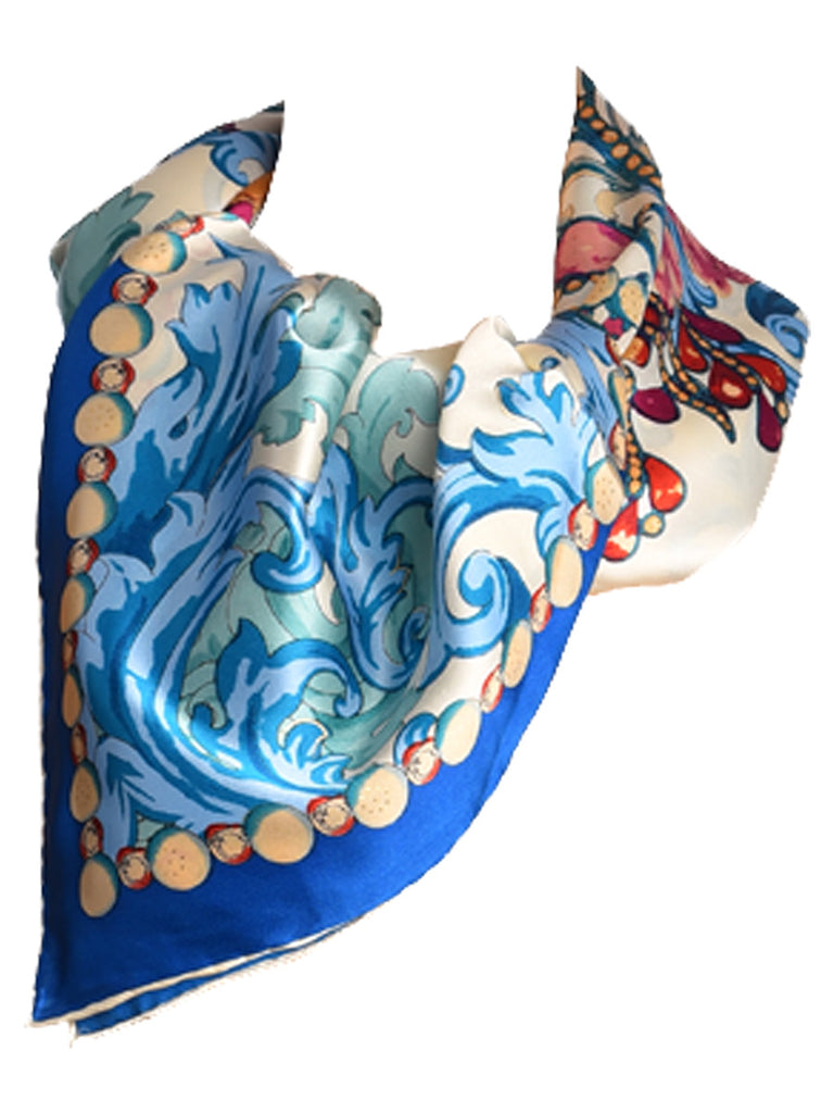 White & blue silk scarf with multicolor floral pattern