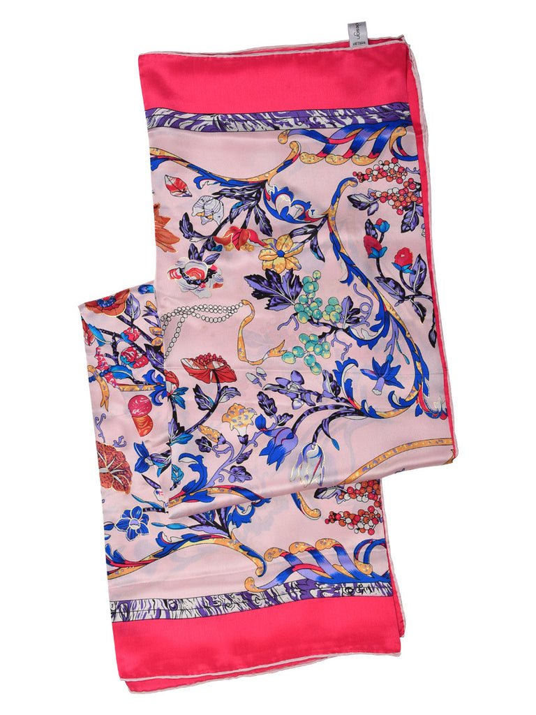 White silk scarf with fuchsia pink border and floral pattern