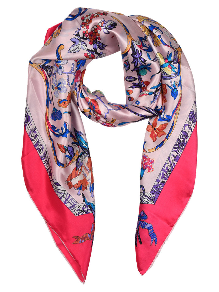 White silk scarf with fuchsia pink border and floral pattern
