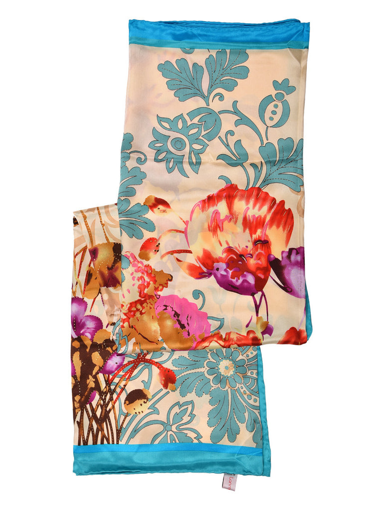 Golden silk scarf with blue border and floral design