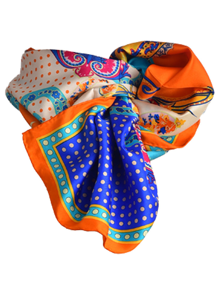 Orange, blue and off-white silk scarf with paisley design
