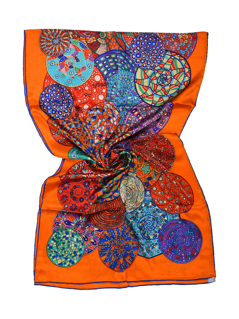 Orange silk scarf with multicolor circles