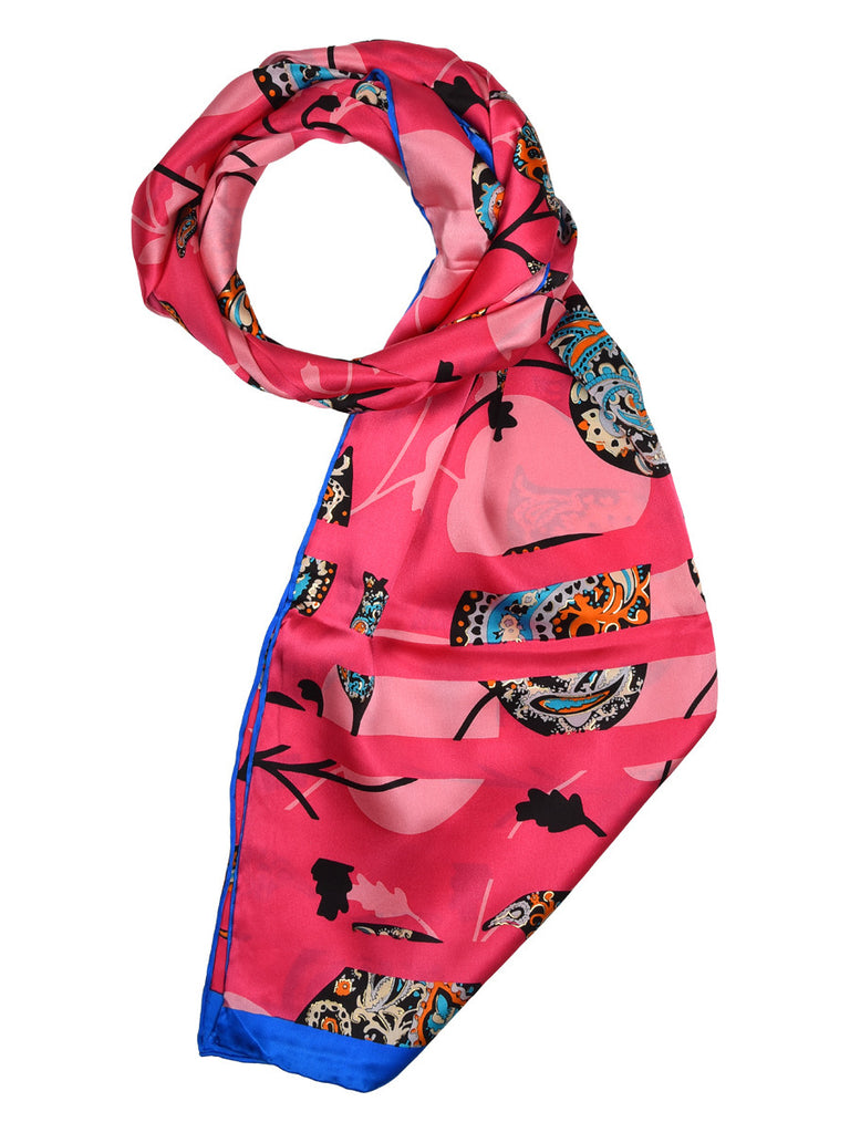Pink silk scarf with nature inspired leaves floral design