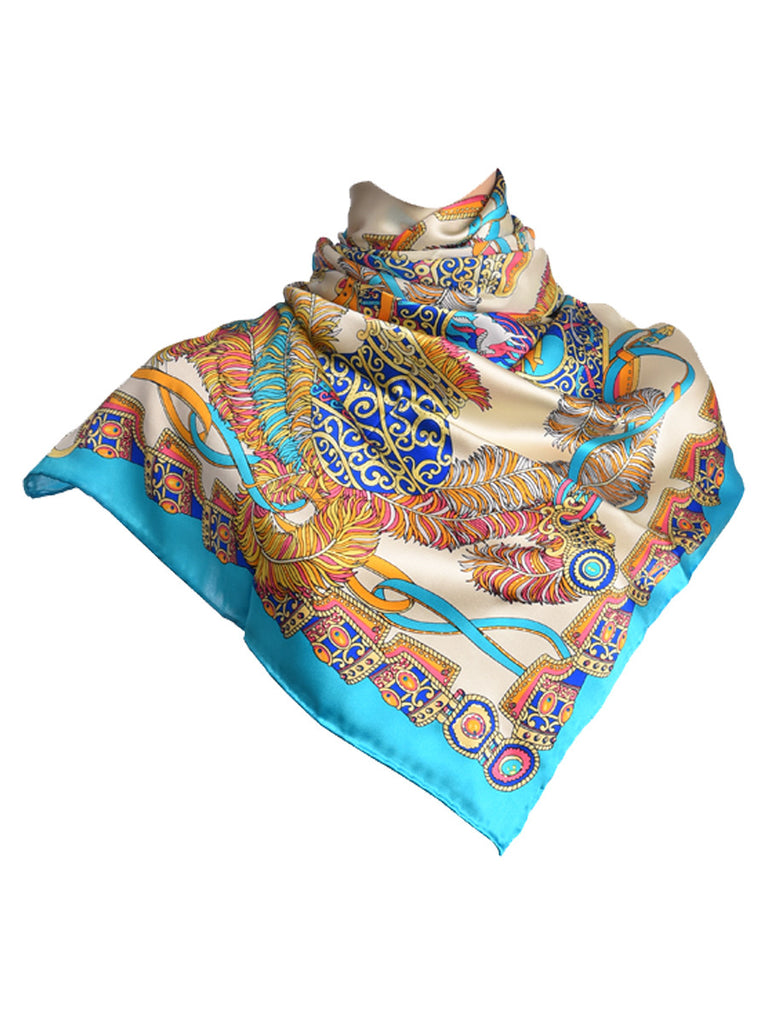 Turquoise blue & white silk scarf with nature inspired design