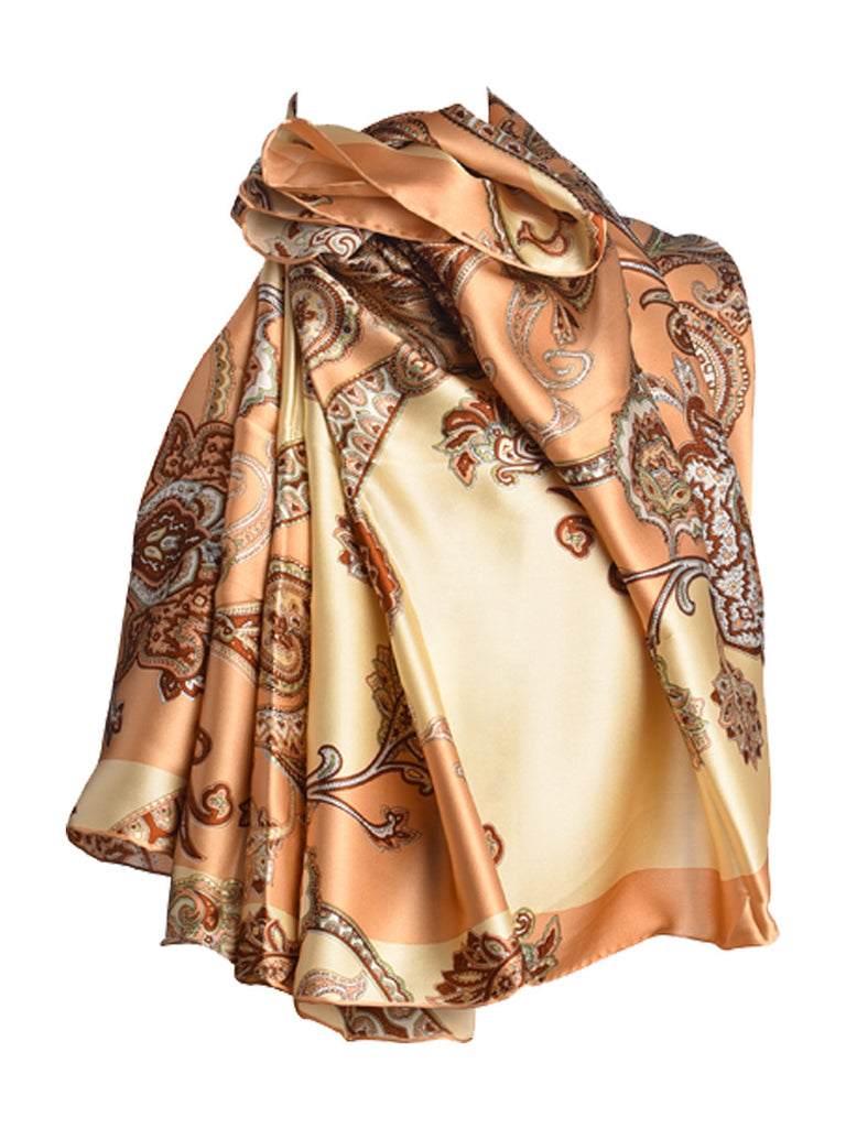 Brown & golden silk scarf with nature inspired design