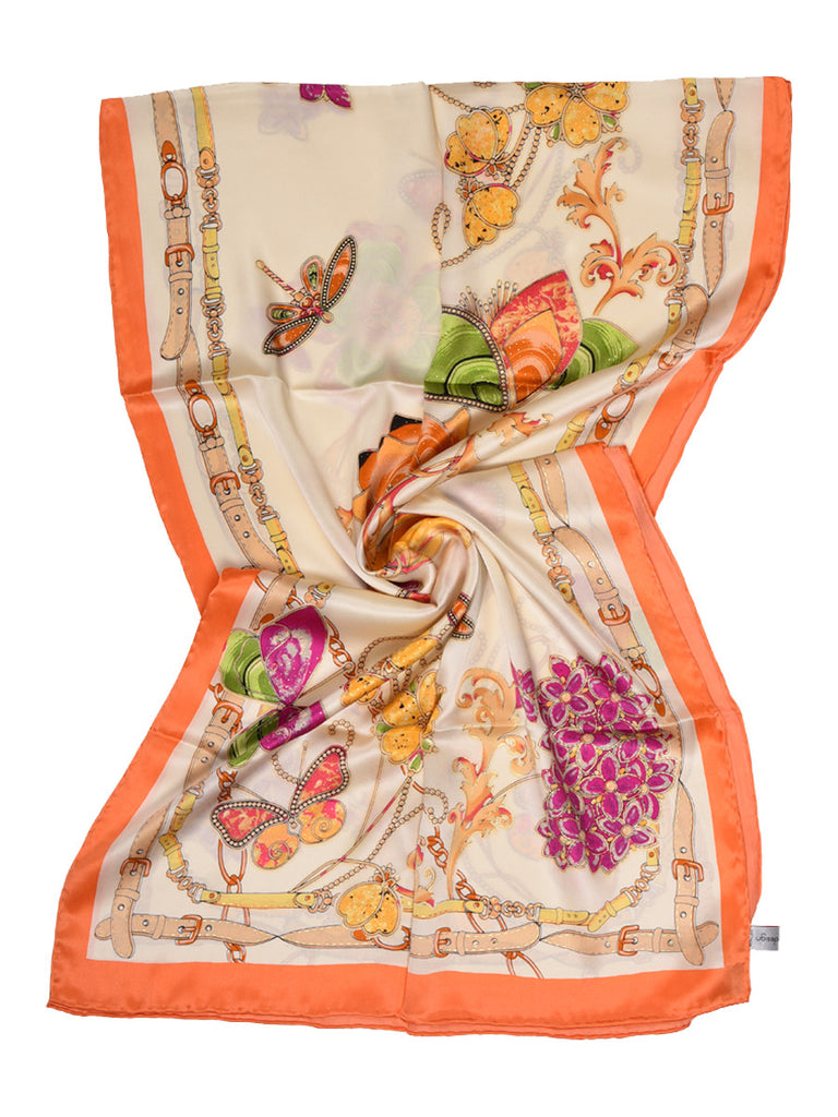 Golden silk scarf with peach border hosting floral & butterfly design