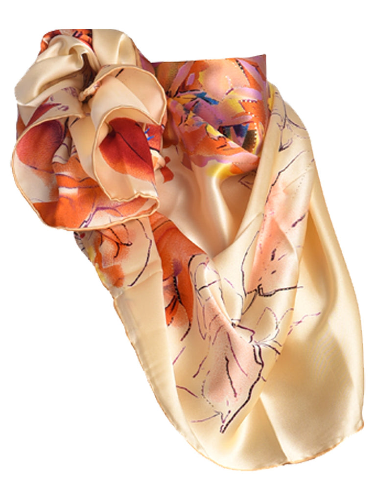 Golden silk scarf with nature inspired floral pattern