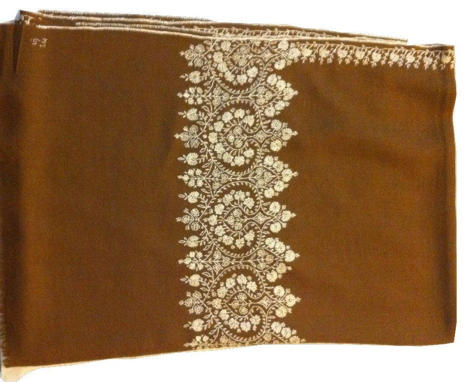 Brown pure pashmina stole with white hand embroidery