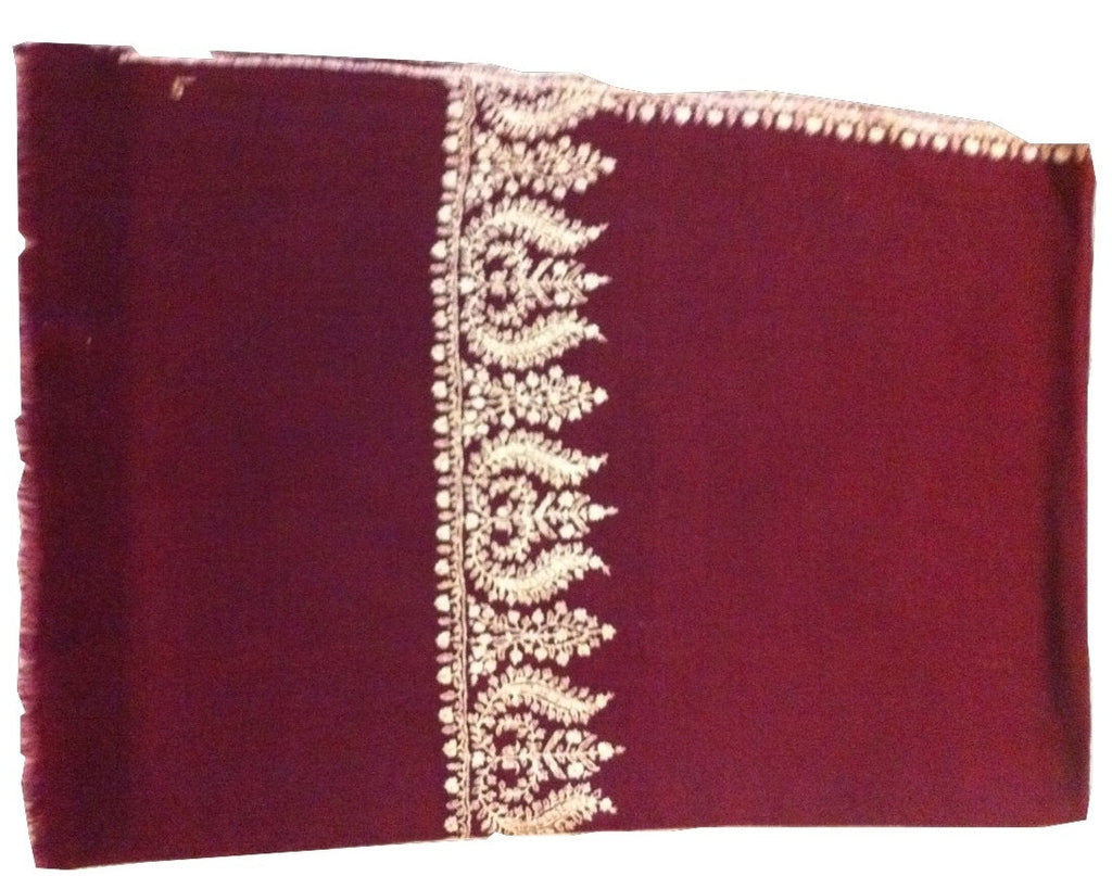Purple pure pashmina stole with beige hand embroidery