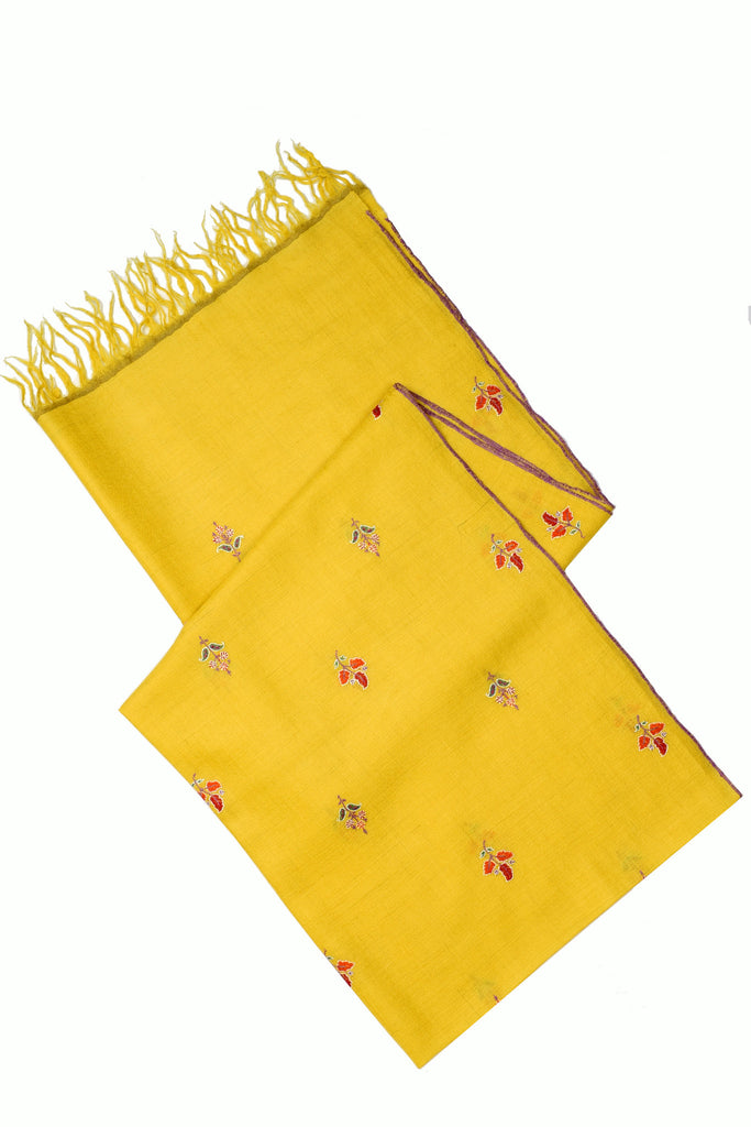 Yellow pure pashmina stole with floral hand embroidery