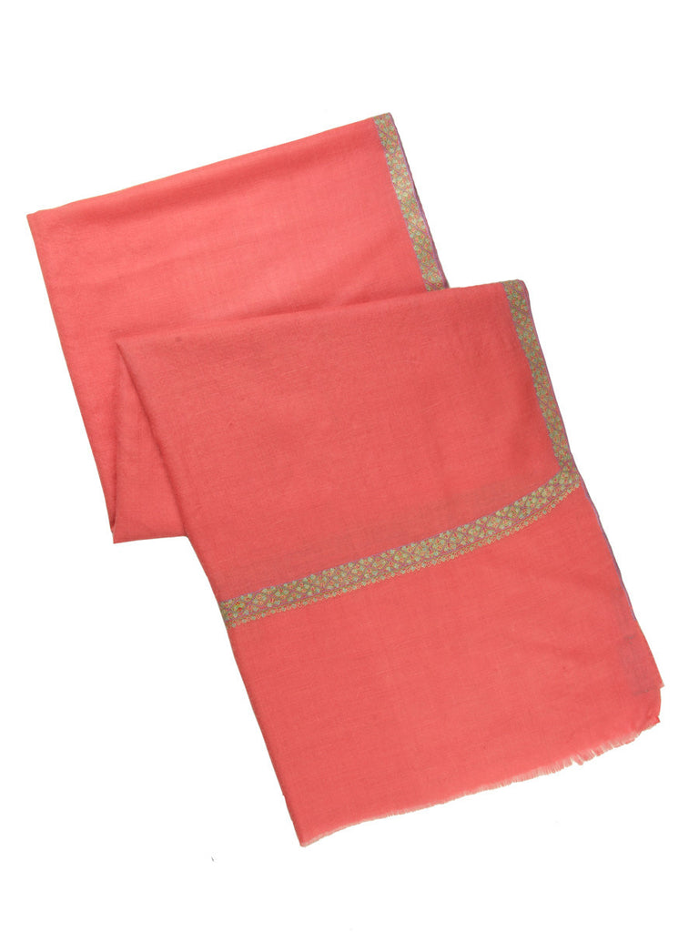 Peach Pink Pashmina Stole with Hand Embroidery on Border