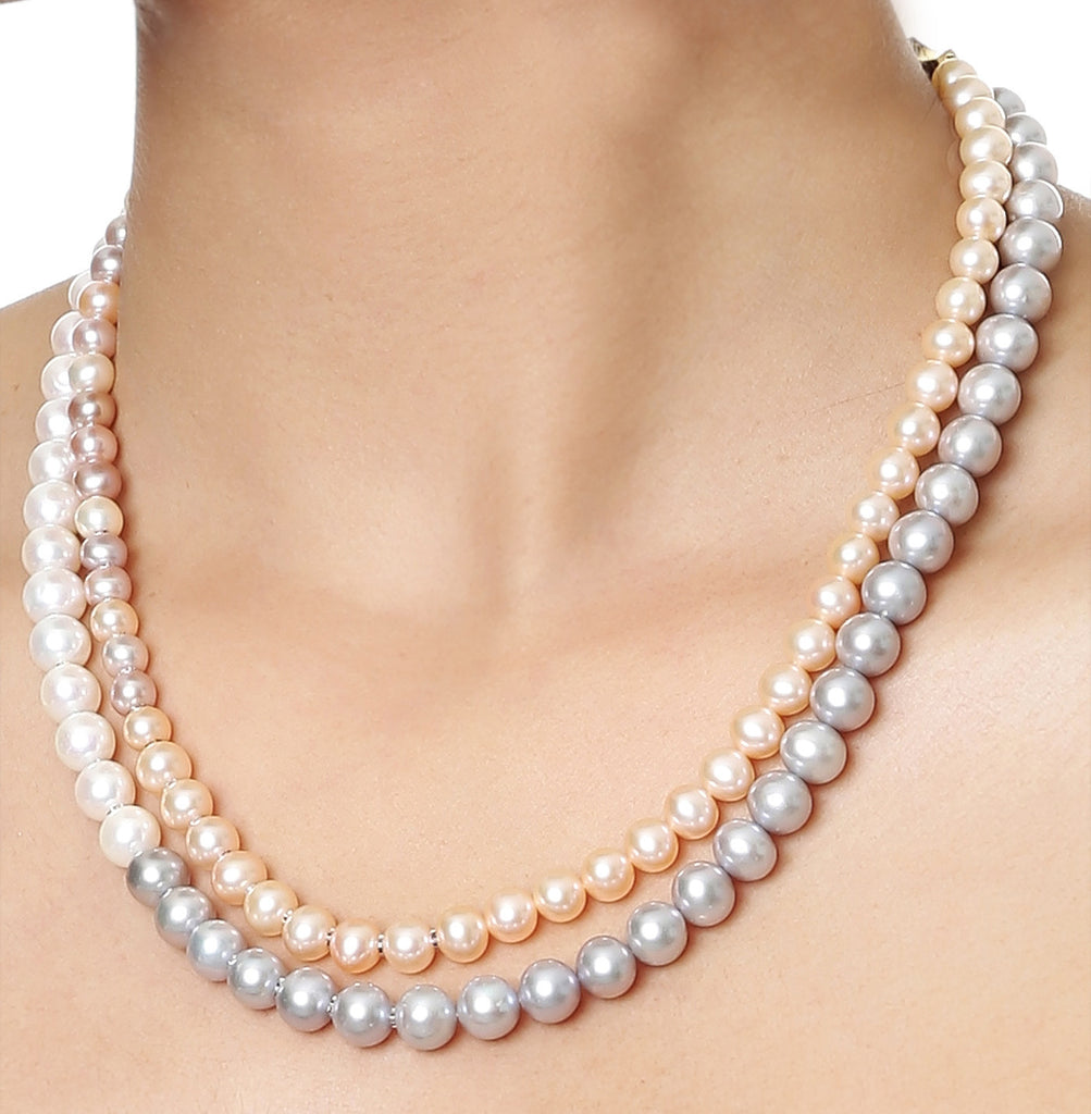 Double Strand Multi Color Fresh Water Pearls Necklace with Gold Rings