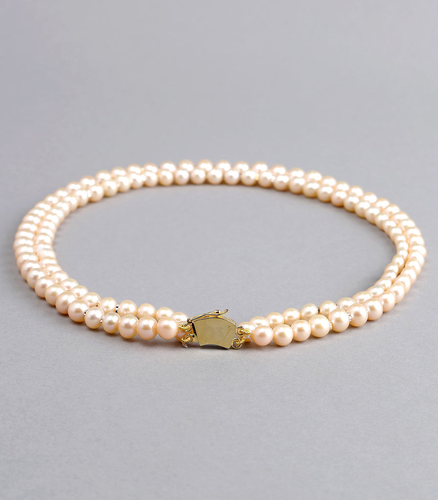 Double Strand Pink Fresh Water Pearls Necklace with Gold Rings
