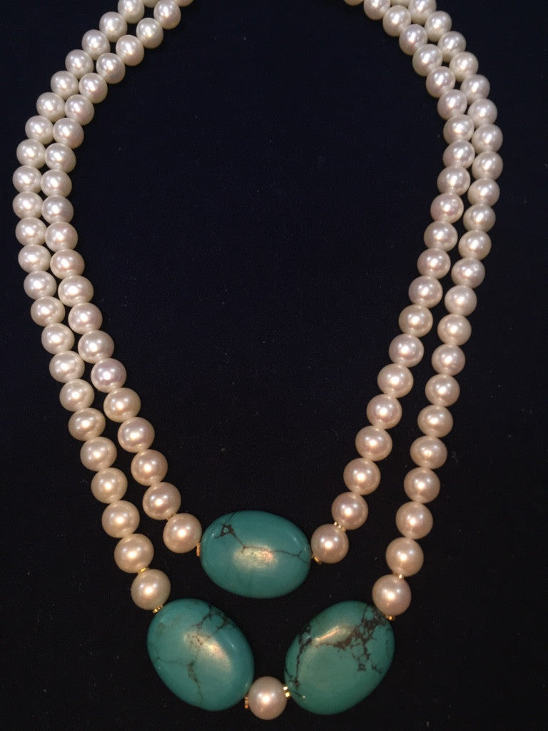 Double Strand White Fresh Water Pearls Necklace with Gold Rings and Blue Stones