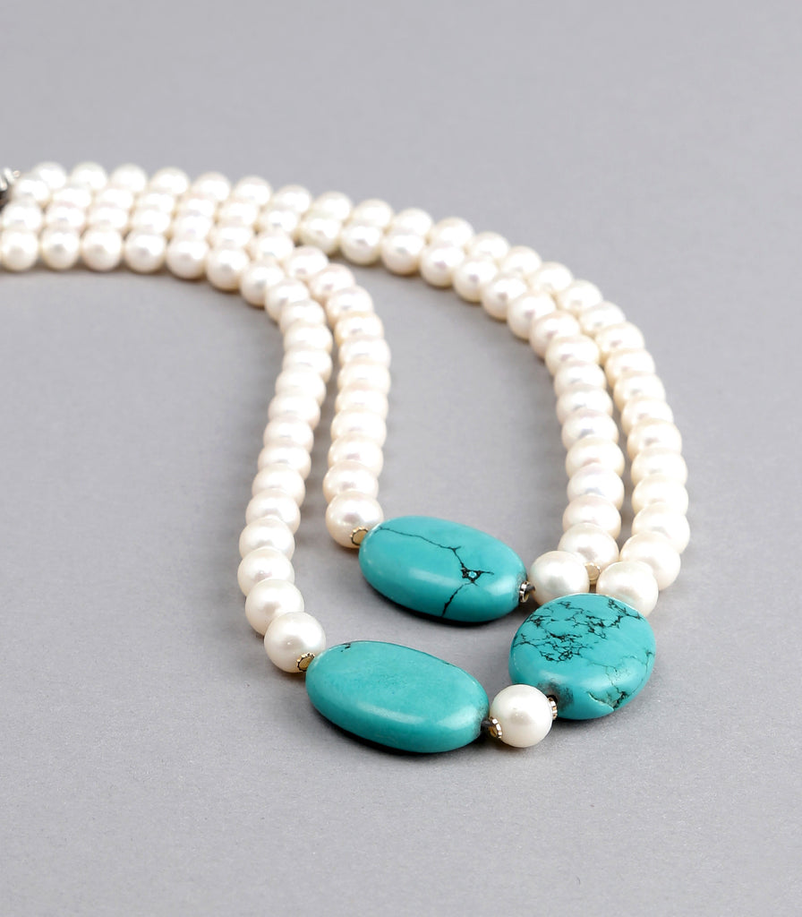 Double Strand White Fresh Water Pearls Necklace with Gold Rings and Blue Stones