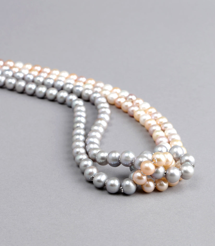 Double Strand Multi Color Knotted Fresh Water Pearls Necklace with Gold Rings