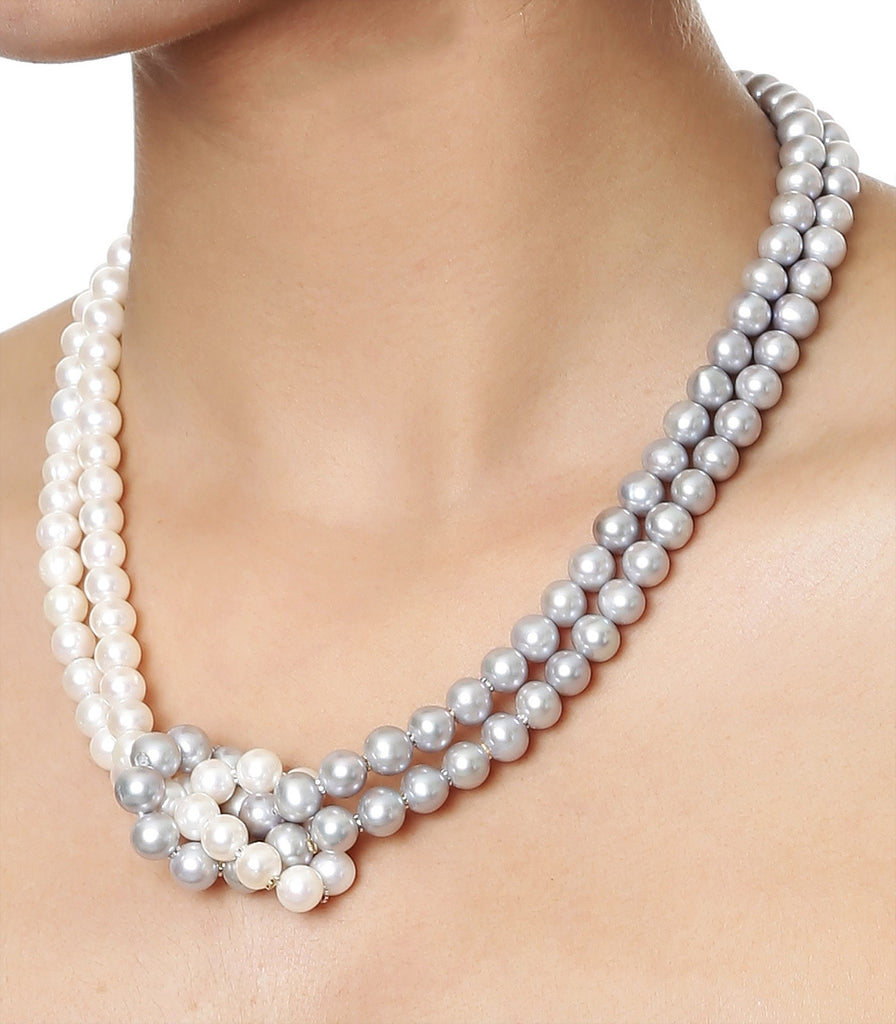 Double Strand White & Grey Knotted Fresh Water Pearls Necklace with Gold Rings