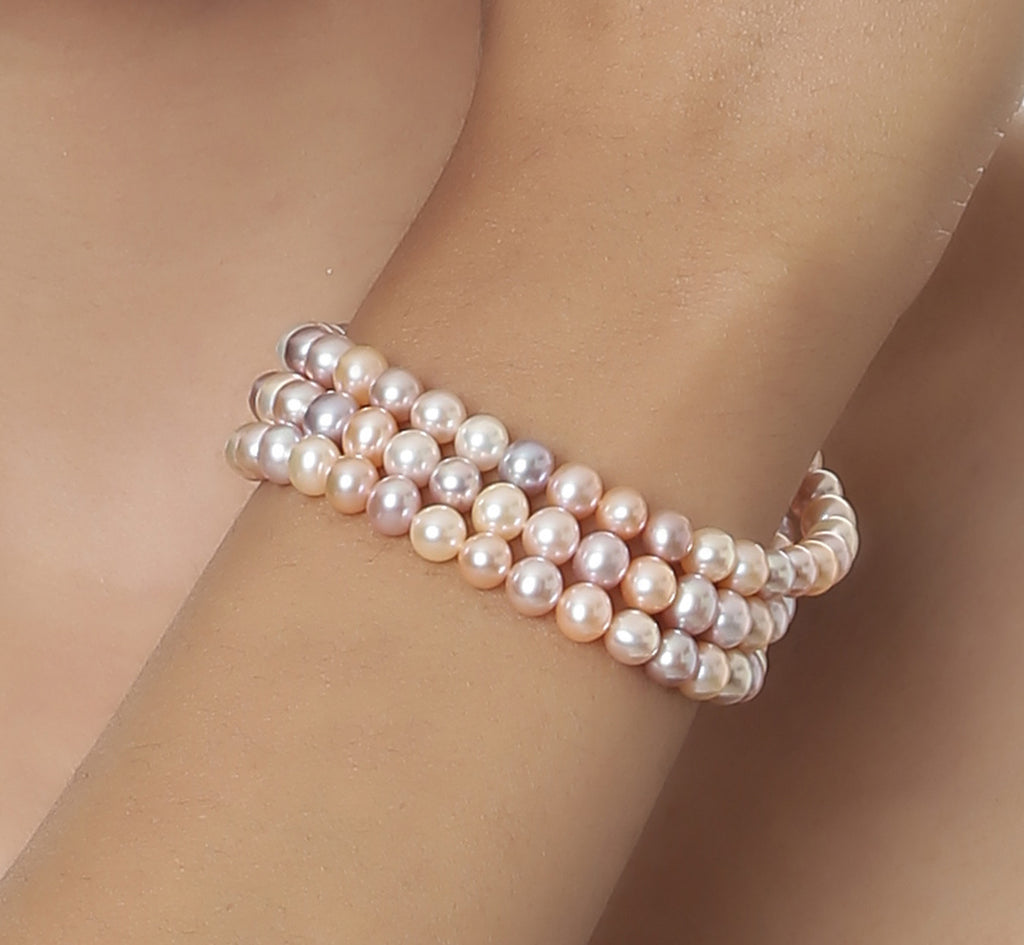 Triple Strand Multi Color Fresh Water Pearls Bracelet with Gold Clasp