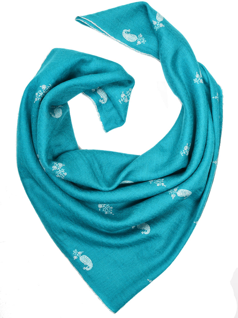 Teal blue pashmina stole with all over booti hand embroidery