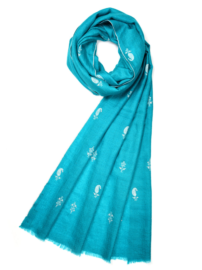 Teal blue pashmina stole with all over booti hand embroidery