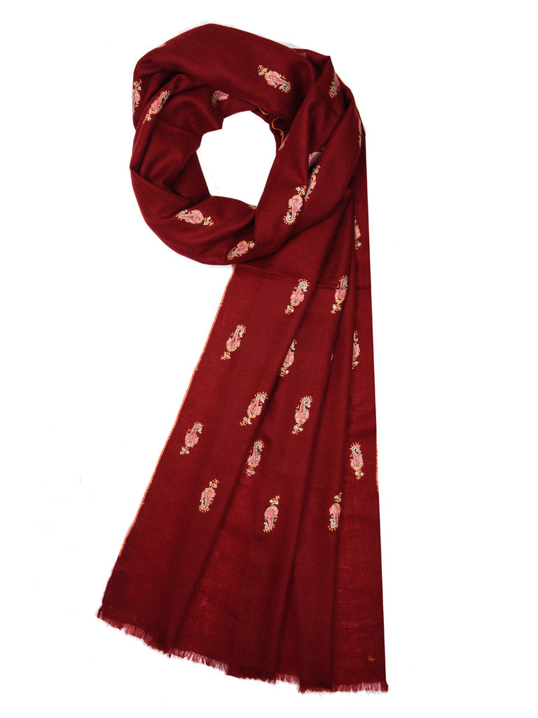 Maroon pure pashmina stole with booti hand work